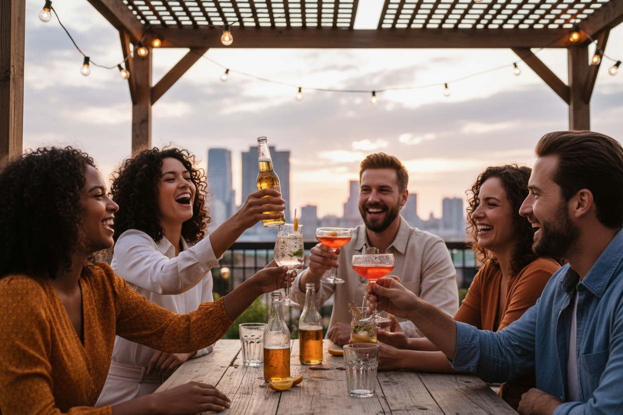 amigos em convívio a beber bebidas alcoólicas num ambiente divertido e animados, faz a imagem hyper realista 